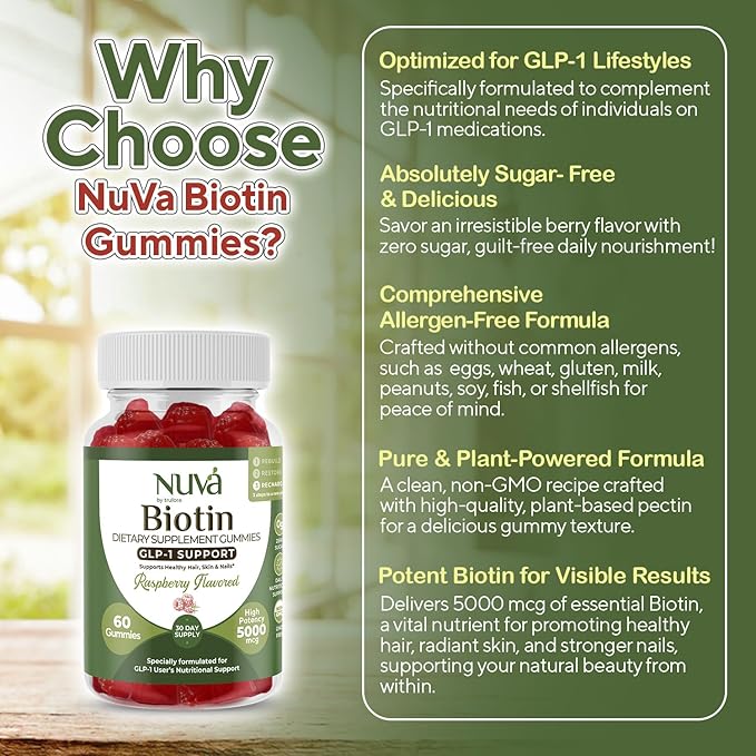 NuVa by Trulore Biotin Gummies 5000 mcg | GLP-1 Support for Hair Growth, Skin & Nails | Zero Sugar, Vegan Gummy Vitamins for Men & Women | Raspberry Flavor | 60 Gummies - 30 Day Supply