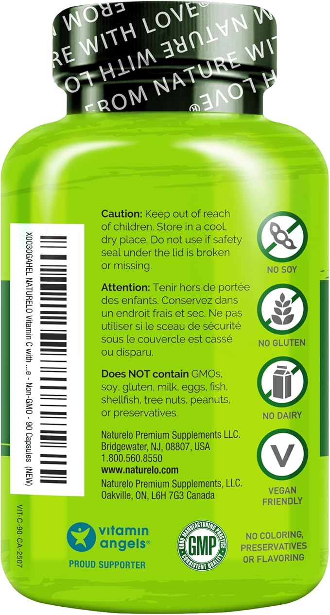 NATURELO Vitamin C with Organic Acerola Cherry Extract and Citrus Bioflavonoids - Vegan Supplement - Immune Support - 500 mg VIT C per Cap - Non-GMO - 90 Capsules