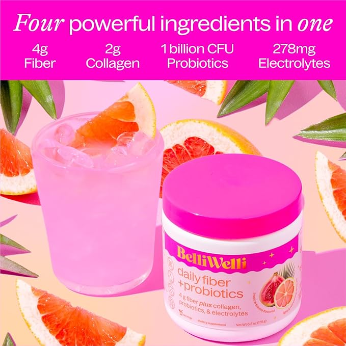 BelliWelli Fiber Supplement for Women & Men – Premium Daily Fiber Powder from Organic Acacia with Added Collagen, Electrolytes & Probiotics – No Bloat, Constipation & Gut Health Support (Tropical)