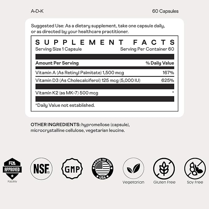 Nuray ADK Supplement - Essential Vitamin Complex for Immune Support, Bone Health, Teeth and Energy - with Vitamin A, D3, & K2 (as MK-7) - Vegetarian, Gluten Free & Soy Free - 60 Capsules