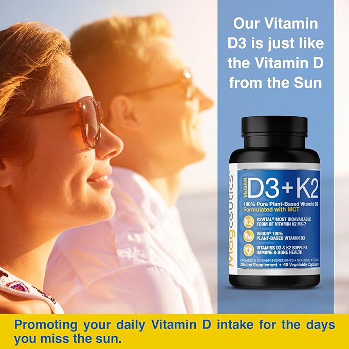 Vitamin D3 K2 with MCT, 5000 IU Vegan D3 & 100 mcg MK7 K2, Support Strong Bones and Immune Health - 60 Capsules (60 Days Supply)