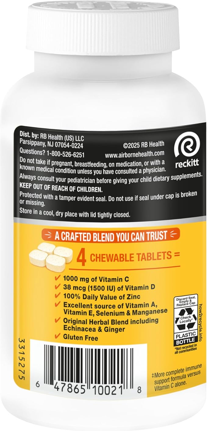 Airborne 1000mg Vitamin C with D and Zinc, Multivitamin Immune Support Supplement with Antioxidants A, C, and E, 200 Chewable Tablets, Citrus Flavor
