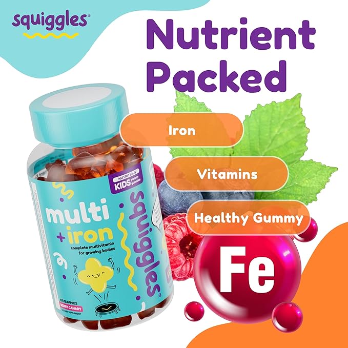 Squiggles Kids Multivitamin + Iron Gummies - Low Sugar Gummy Vitamins with Iron Supplements for Kids - Broad Spectrum of Vitamins and Minerals, Chewy, Yummy Berry Flavor (100 Count)