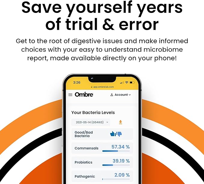 Ombre Gut Health Test Kit - Probiotic Recommender at Home Test for Women & Men - Detailed Custom Gut Microbiome Analysis for Digestive, Immune and Mental Health with Food Suggestions