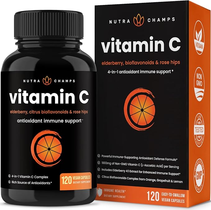 NutraChamps Vitamin C 1000mg with Rose HIPS, Vitamin C Supplement with Elderberry & Citrus Bioflavonoids, Kids Immune Boosting Supplement, 500mg Vitamin C Capsules Pill