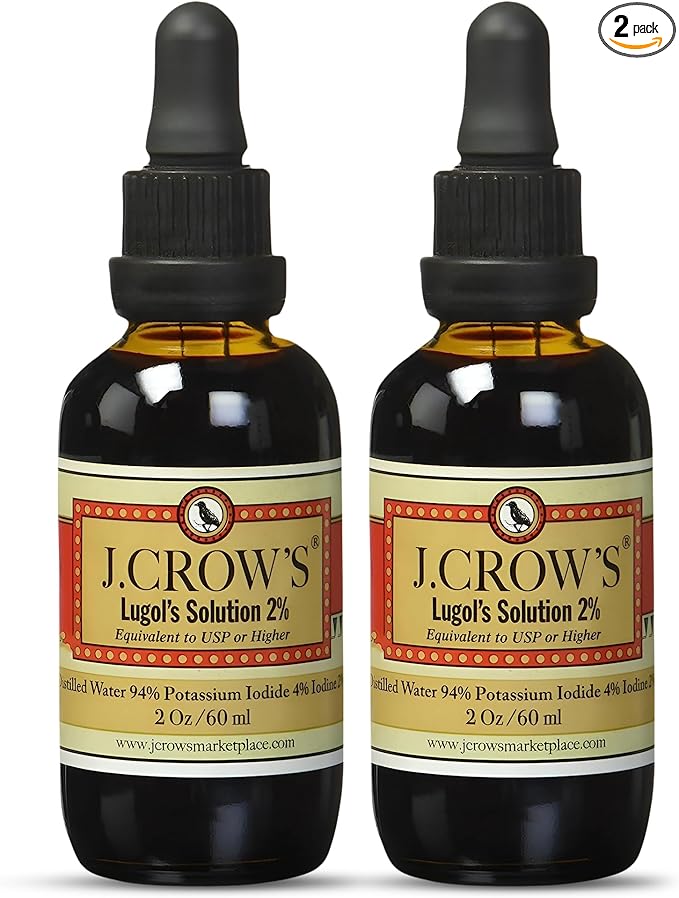 J.CROW'S® Lugol's Solution of Iodine 2% 2 oz (2 Bottles) – Premium Potassium Iodide Liquid, Supports Thyroid & Energy, Gluten &, Alcohol-Free Natural Brine Extract, No Expiration