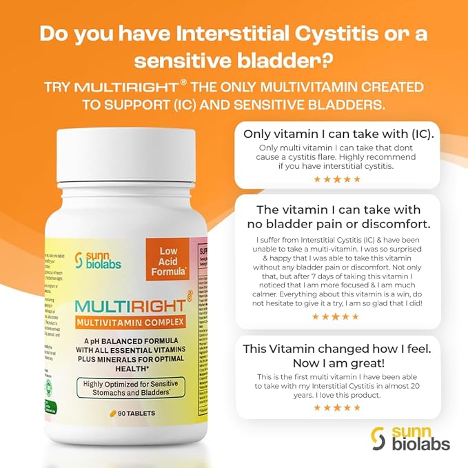 MULTIRIGHT | LOW ACID MULTIVITAMIN for Sensitive Stomachs, Bladders or IC | 14 Vitamins & 14 Minerals | Bladder-Friendly, pH Balanced | Easy on Digestion-Less Acidic | Buffered Vitamin C | 270 Tab (3)