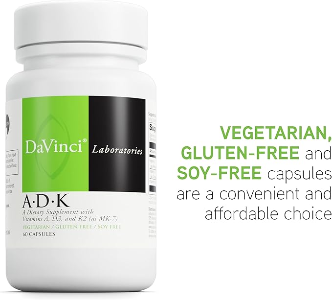 DAVINCI Labs ADK - Helps Support Bone, Heart & Immune Health - Dietary Supplement with Vitamins A, D3 & K2 (as MK-7) - Vegetarian, Gluten Free & Soy Free - 60 Capsules