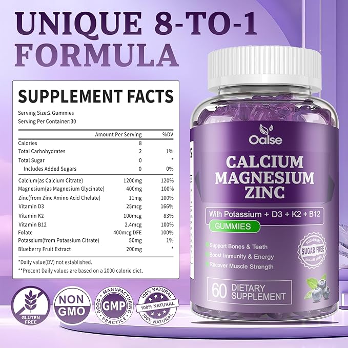 (2 Pack) OALSE Calcium Magnesium Zinc Gummies with Vitamin D3 & K2-High Absorption Magnesium Glycinate-Muscles, Immune & Sleep Support-Sugar Free- Blueberry Flavored-120 Counts