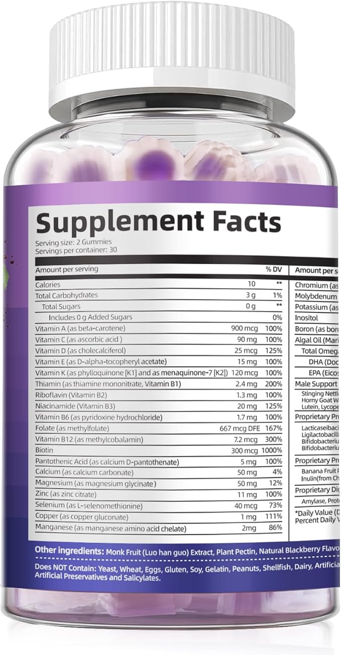 2-Pack Multivitamin for Men, Mens Multivitamins Gummies w/Omega-3, Probiotics, Inositol, Folate, Male Support Blend, Vitamins A, C, D, E, B - Support Heart, Brain, Muscle, Energy, Sugar-Free Gummy