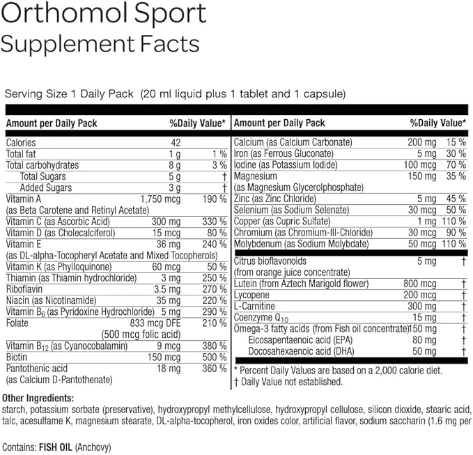 Orthomol Sport, 30-Day Supply, Premium Sports Nutrition Supplement with Vitamins A, B, C, D, E, Zinc, Iodine, Coenzyme Q10, L-Carnitine, Omega-3, and Essential Minerals for Optimal Performance