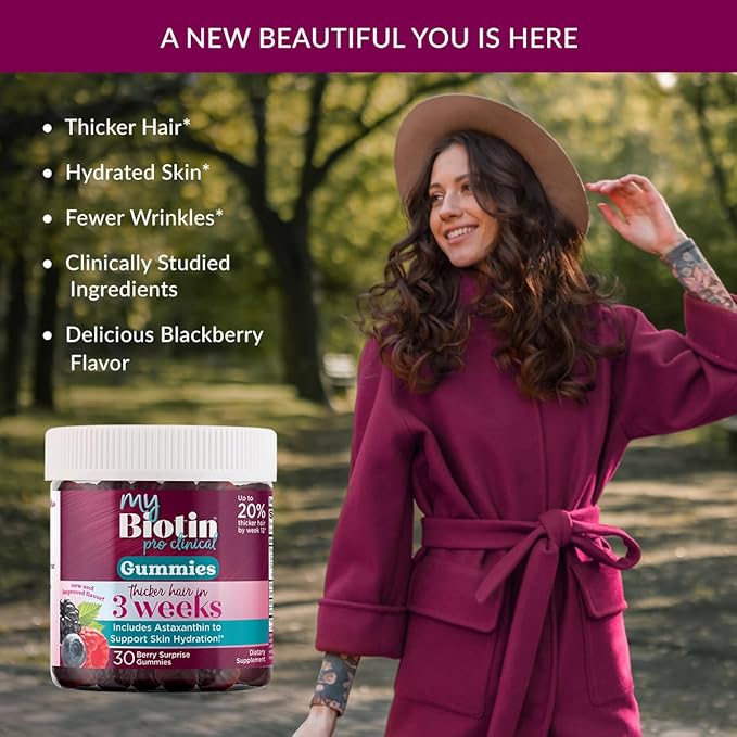 Purity Products MyBiotin ProClinical Gummies - Thicker Hair Starting in 3 Weeks & Fights Wrinkles - MB40X Biotin Matrix w/Astaxanthin - 40X More Soluble vs Ordinary Biotin 30 Berry Gummy Chews