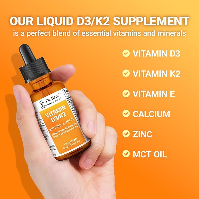 Dr. Berg Liquid Vitamin D3 & K2 Supplement with Zinc - for Bone, Teeth, Mood & Immune Health* - Vitamin D3 & K2 Drops for Adults - 1 fl oz