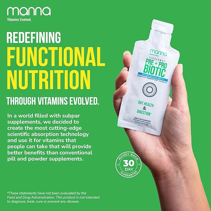Manna Vitamins Evolved Liposomal Prebiotic + Probiotic Packets – 40 Billion CFU, 8 Strains – Gut, Digestive, Immune Support – High Absorption, Shelf-Stable, Daily Supplement, 30 Single Serves