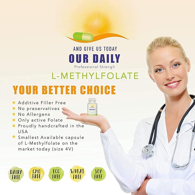 Our Daily Vites L-Methylfolate 1mg / 1000 mcg Maximum Strength Active Folate, 5-MTHF, Filler Free, Gluten Free, Non-GMO, 270 Vegetarian Capsules