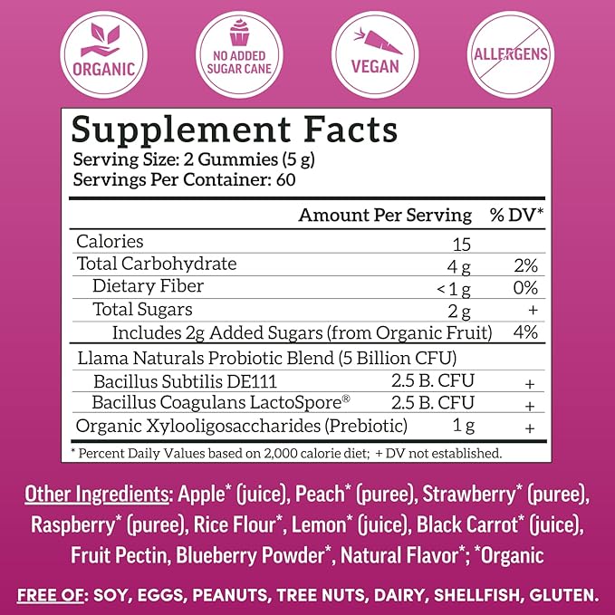 Llama Naturals Probiotics for Women and Men with Prebiotic Fiber, Vegan, Organic, Probiotic Gummies for Gut Health Support, Adults Real Fruit Gummy Vitamins, No Added Sugar Cane, Mixed Berry, 120 Ct