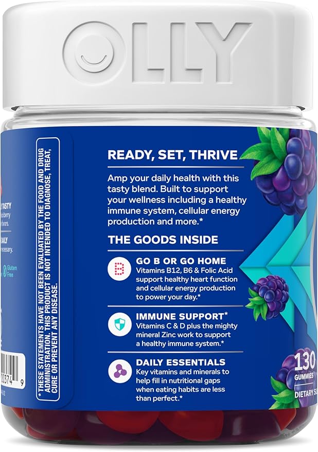 OLLY Men's Multivitamin Gummy, Vitamins A, C, D, E, B, Zinc, BlackBerry Flavor, 65 Day Supply - 130 Count (Packagine May Vary)