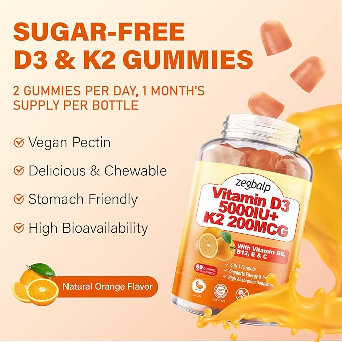 2Packs Vitamin D3 K2 Gummies for Adults, Sugar-Free Vitamin D3 5000IU + K2(MK-7) 200mcg Supplement with Vitamin B Complex & Vitamin C E Supports Bone, Muscle, Teeth & Immune, Vegan, Gluten Free