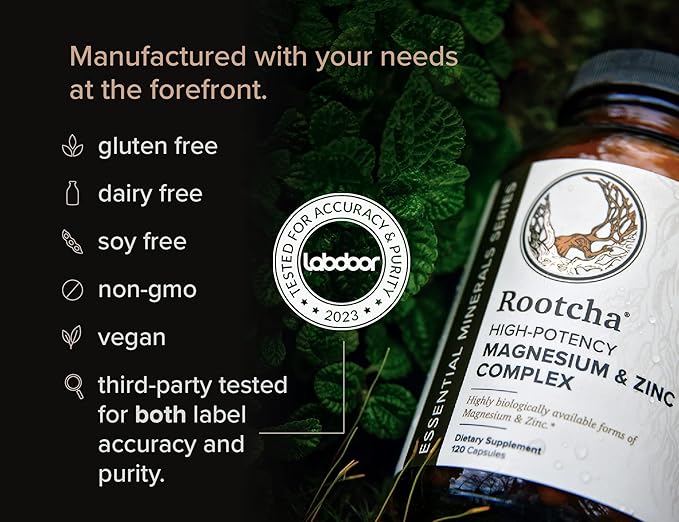 Potent & Pure Magnesium & Zinc Complex - Fully Reacted Magnesium with Chelated Zinc Picolinate - by Rootcha | 120 Capsules