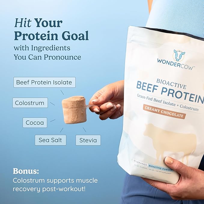 Beef Protein Isolate Powder w/Bovine Colostrum Supplement | Clean, 100% Grass Fed, Carnivore, Keto Friendly | Gluten Free | Helps Build Lean Muscle | 20g of Protein, 30 Servings, Chocolate