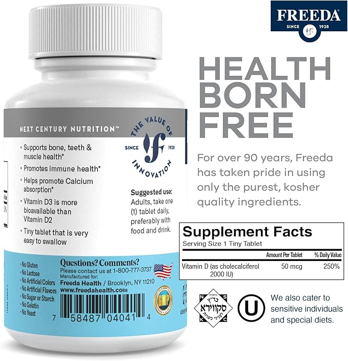 FREEDA Vitamin D3-2000 IU – High-Potency Vitamin D for Bone Strength & Immune Support – Easy-to-Swallow Tablets – 250 Tiny Tablets