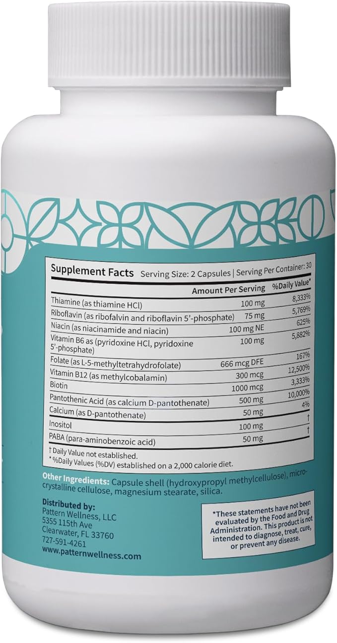 Pattern Wellness Vitamin B Complex – Complete B Vitamins with Folate, B6, B12 – Supports Energy, Brain & Heart Health – Non-GMO – 60 Capsules