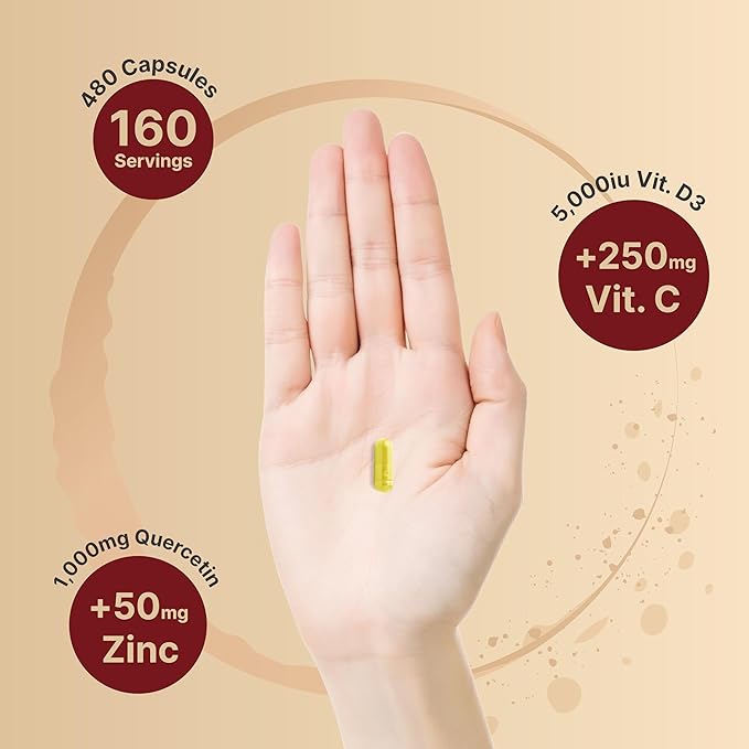 NatureBell Zinc Quercetin with Vitamin C & D3, 480 Capsules (2 Pack) | Quercetin 1,000mg + Zinc 50mg + Vitamin C 250mg + Vitamin D3 5,000 IU | 4-in-1 Advanced Immune & Lung Support | ZincVanta Formula