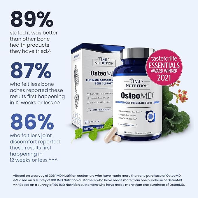 1MD Nutrition OsteoMD for Comprehensive Bone Support | with Calcium Hydroxyapatite, Vitamin D3 & K2 | 180 Capsules (2-Pack)