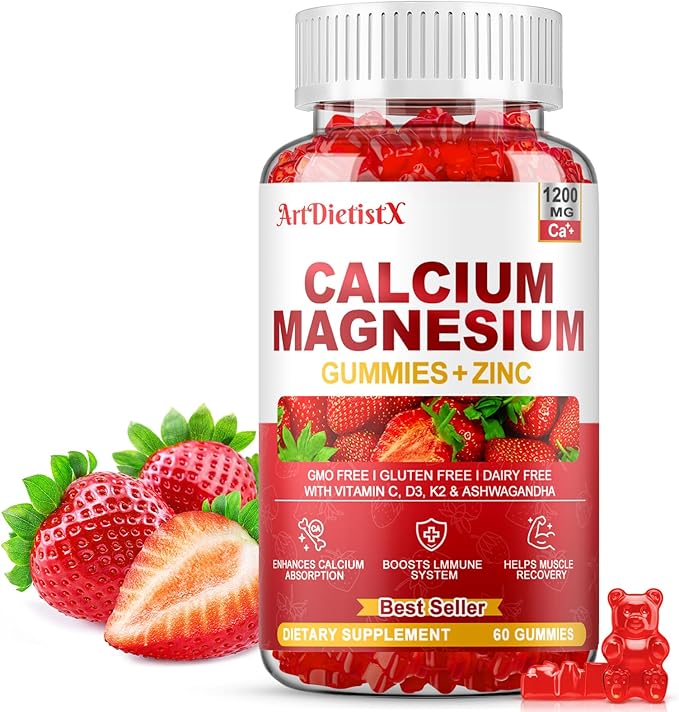 Calcium Magnesium Zinc Gummies with Vitamin D3 for Adults, Calcium Citrate 1200mg with K2, Boron, Copper and Ashwagandha, Absorption Calcium Supplement for Bone, Muscle, Immune for Men Women, 60 Count
