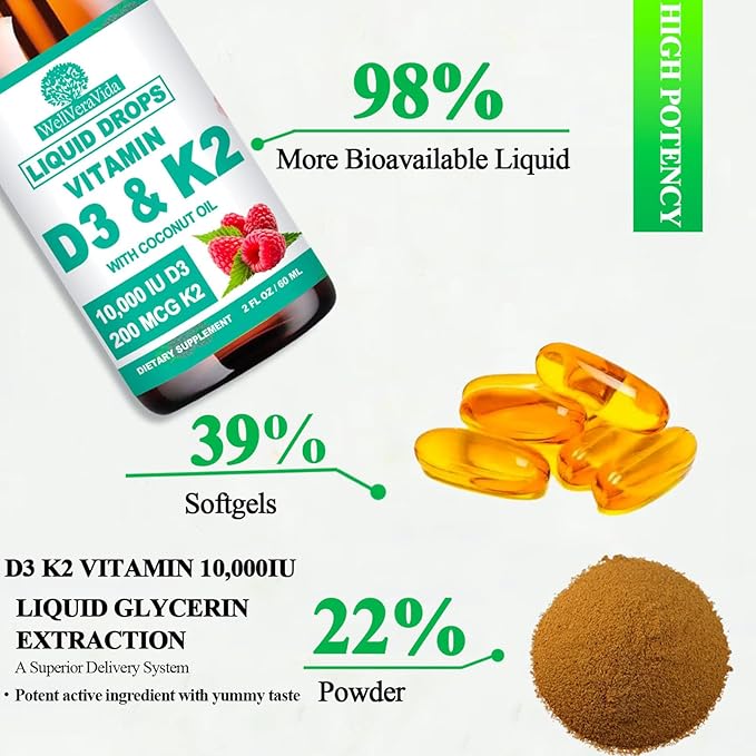 2 Pack D3 K2 Vitamin 10000iu, Liquid Drop Vitamin D3 With K2 (MK-7)200mcg Coconut Oil, 6X Stronger Than D3 K2 Sofegels, Magnesium Zinc for Absorption -K2 D3 Supplement for Joint Teeth & Bone Health