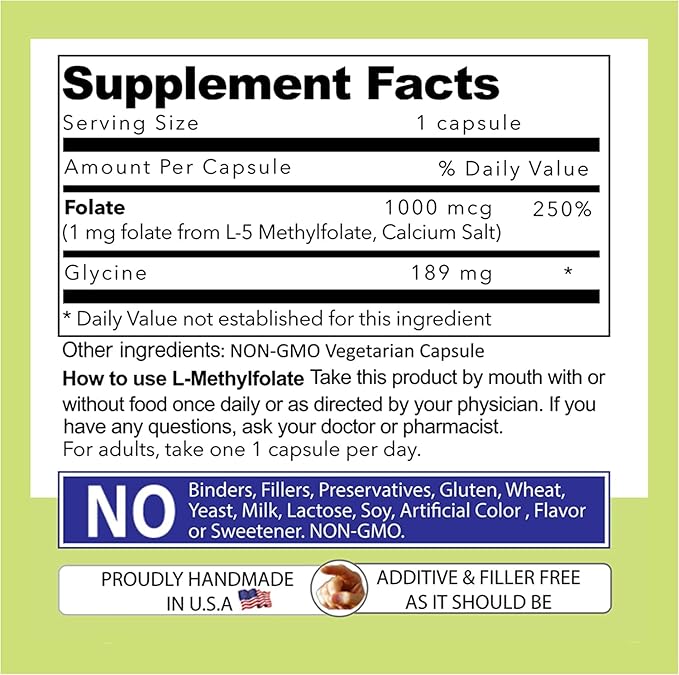 Our Daily Vites L-Methylfolate 1mg / 1000 mcg Maximum Strength Active Folate, 5-MTHF, Filler Free, Gluten Free, Non-GMO, 270 Vegetarian Capsules