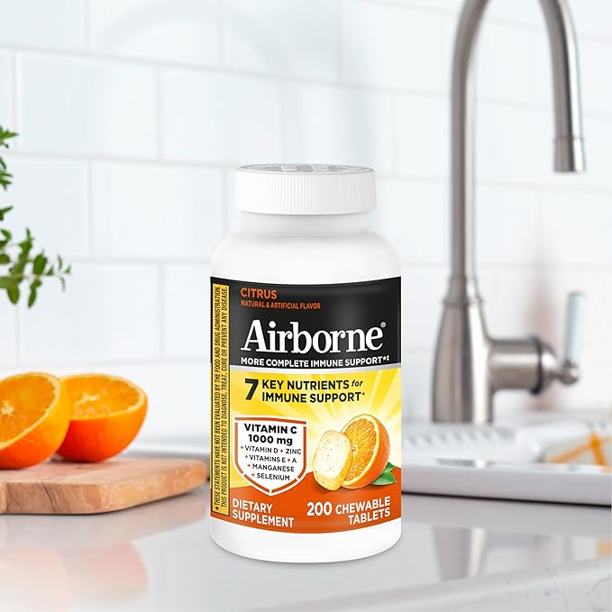 Airborne 1000mg Vitamin C with D and Zinc, Multivitamin Immune Support Supplement with Antioxidants A, C, and E, 200 Chewable Tablets, Citrus Flavor