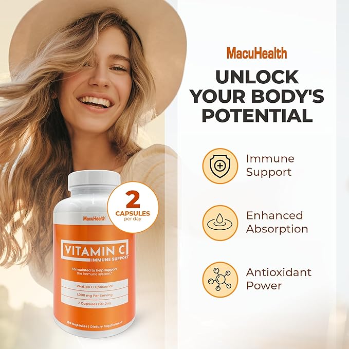 Macuhealth Liposomal Vitamin C 1000MG Per Serving - High Bioavailablity Vitamin with Fat-Soluble Antioxidants and Enhanced Absorption - 3 Month Supply