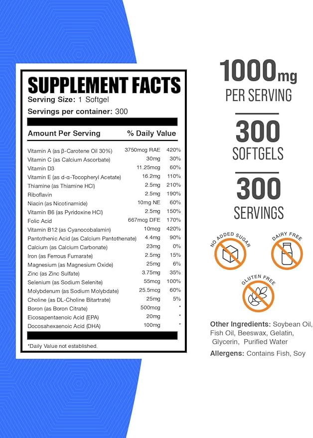 BulkSupplements.com Multivitamin for Men 50 Plus Softgels - Men's Daily Vitamins, Multimineral Supplement - Complete Multivitamin with Fish Oil - 1 Softgel per Serving, 300 Count (Pack of 1)