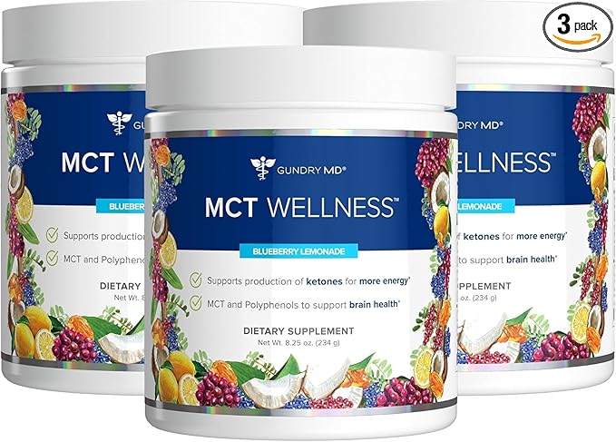 Gundry MD MCT Wellness Powder to Support Energy, Ketone Production and Brain Health, Keto Friendly, Sugar Free (90 Day Supply, Blueberry Lemonade)