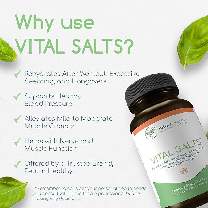 Vital Salts, Electrolyte Salts for Energy and Endurance, Sodium Chloride, Electrolyte Supplements, Blood Pressure Support Supplement, Muscle Cramps Relief, 120 Salt Capsules - Return Healthy