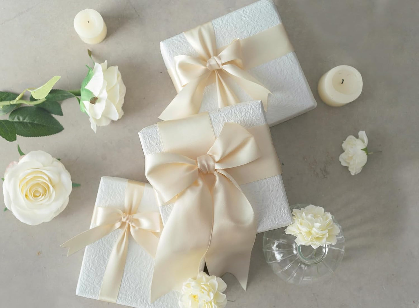 Light Champagne Satin Ribbon 2.5 Inch Double-Faced Polyester 25 Yards Ribbons for Flower Bouquet Gift Wrapping Party Decor Wedding Invitation DIY Craft