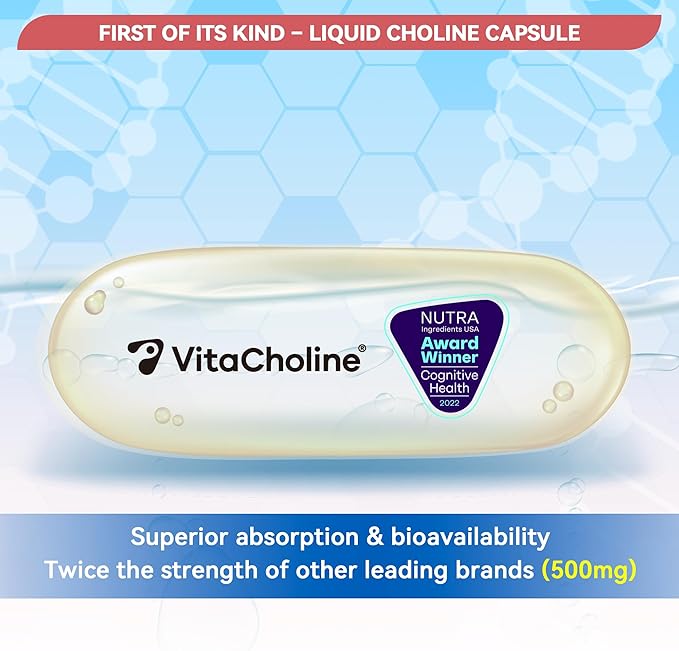 Award Winner -Clinically Dosed 500mg VitaCholine ® - 60 Caps - Liquid Choline Supplement –Support Pregnancy & Baby Brain & Liver Health LDL & HDL Level - Cognitive Health - Made in USA