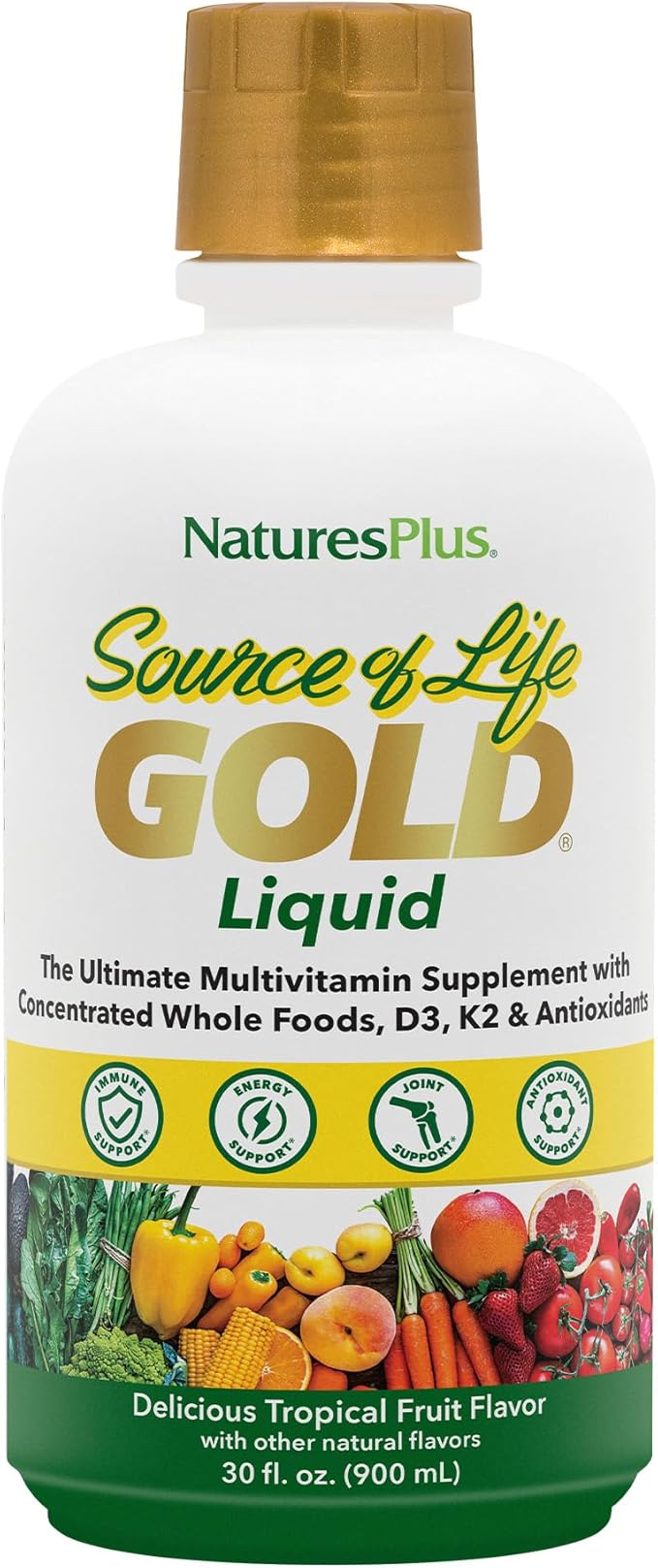 Natures Plus Source of Life Gold Multivitamin Liquid - 30 oz - with Vitamins D3, B12 & K2 - Blood, Bone & Immune Support - Vegetarian & Gluten Free - 30 Servings