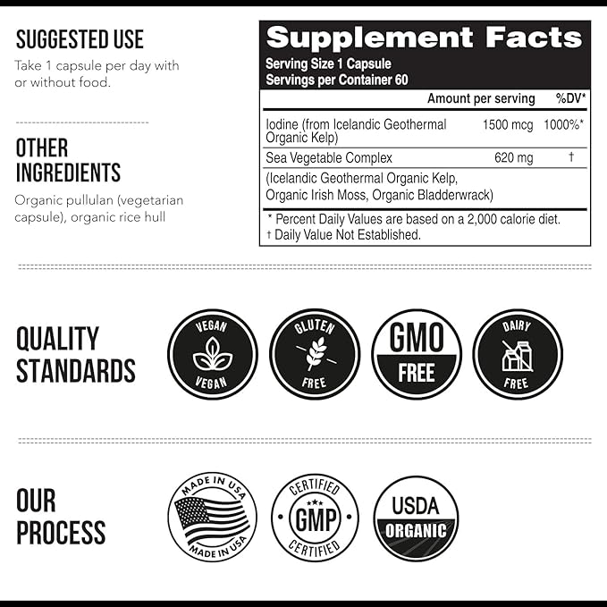 Organic Iodine Supplement – 1,500 mcg Iodine, Max Strength - from Sea Vegetable Complex, Whole Food & Raw Form – Contains Purest Icelandic Sea Kelp, Irish Moss & Bladderwrack (1500 mcg)