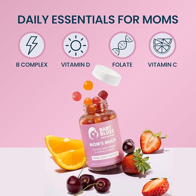 Baby Blues Women's Multivitamin Gummies – Daily Energy, Immune, Mood & Beauty Support – Vegan Chewable Supplement for Moms with Biotin, Vitamin C, D3, B12, Zinc & Iron