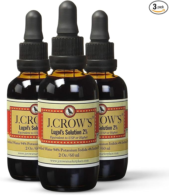 J.CROW'S® Lugol's Solution of Iodine 2% 2 oz (3 Bottles) – Premium Potassium Iodide Liquid, Supports Thyroid & Energy, Gluten &, Alcohol-Free Natural Brine Extract, No Expiration