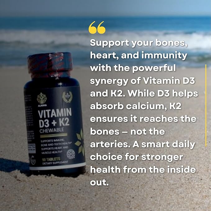 Vitamin D3 + K2 Chewable Tablets – 2000 IU D3 & 75 mcg K2 MK-7 – Halal Certified – Immune, Bone & Heart Support – Natural Cherry Flavor – 90 Tablets – Made in USA