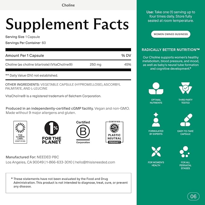 Needed. Prenatal Choline for Cognitive Development - Choline Supplement Aids Baby Brain Development - Supports Healthy Pregnancy & Metabolism - Third Party Tested - 60 Capsules