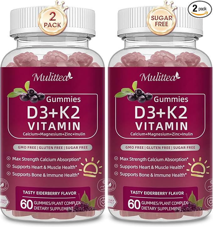 Vitamin D3 10000 IU + K2 (MK-7) 200mcg w/Calcium Magnesium Zinc Elderberry & Inulin-Highly Bioavailable-Enhanced Absorption for Immune & Bone Support- K2 D3 Vitamin Supplement-Vegan Gummies