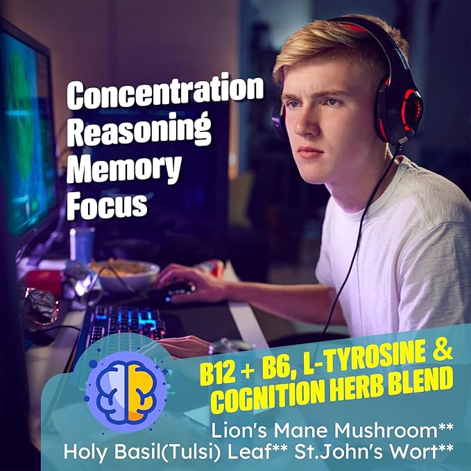 Focus Memory & Energy Gummies, L-Tyrosine + Methyl B12 1000mcg, B6 50mg, D3 C, Lion's Mane Mushroom, for 15+ Students, Office Worker, Multivitamin, Herb Blend for Seniors Brain & Cognition, 1 Pack