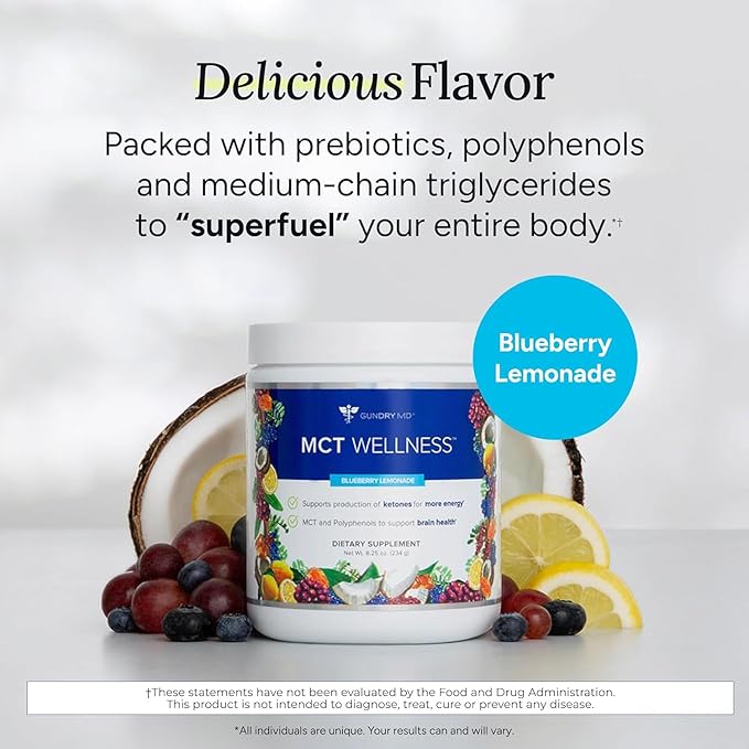 Gundry MD MCT Wellness Powder to Support Energy, Ketone Production and Brain Health, Keto Friendly, Sugar Free (90 Day Supply, Blueberry Lemonade)