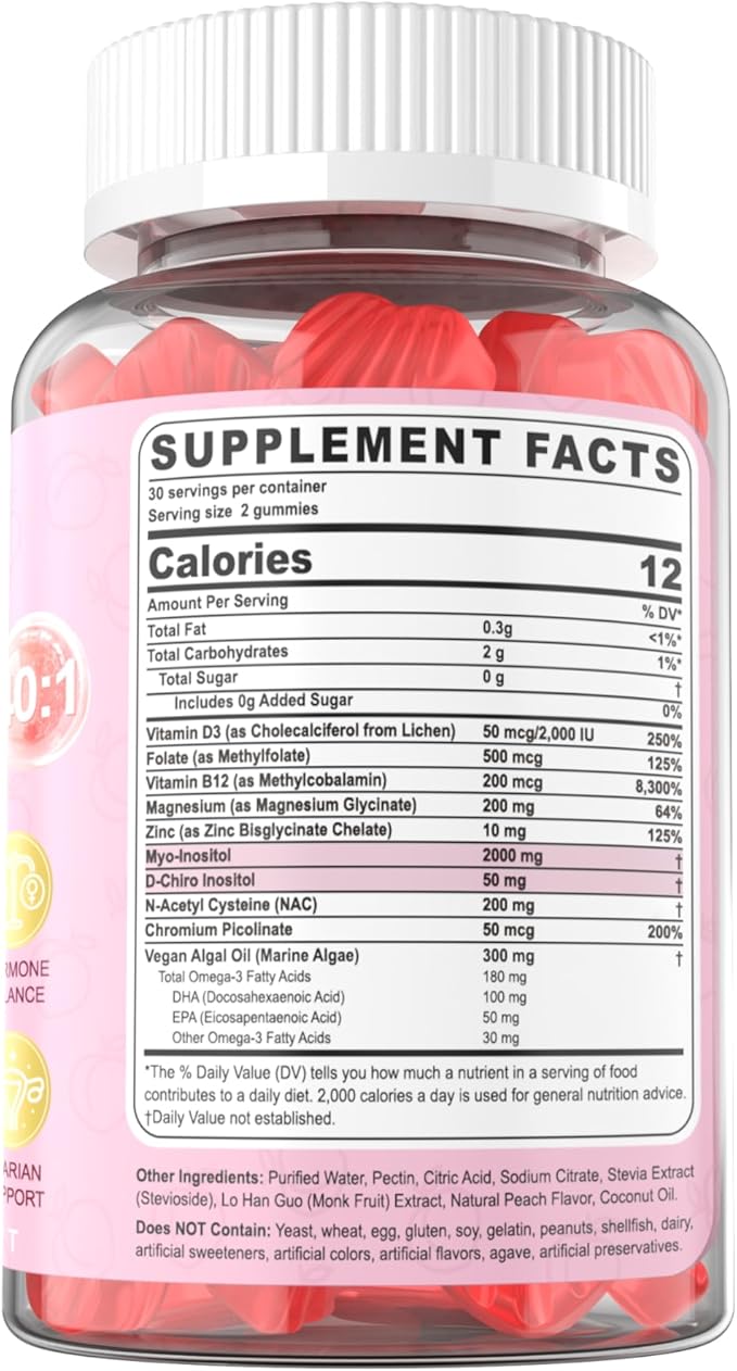 Myo-Inositol & D-Chiro Inositol Gummies for Women 2000mg + 50mg, 40:1 Ratio Inositol with Vegan Omega-3 + D3, Magnesium Glycinate, Methyl Folate + B12 for Female Health & Wellness, Sugar Free, 120 Cts