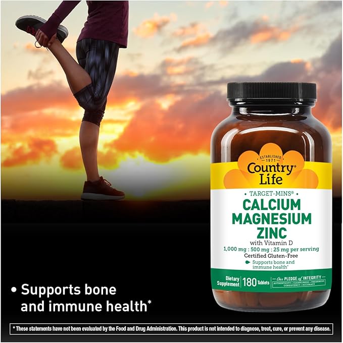 Country Life Calcium Magnesium Zinc with Vitamin D3 and L-Glutamic Acid, Dietary Supplement for Bone Support, Certified Gluten Free, 1000mg/500mg/25mg, 180 Tablets