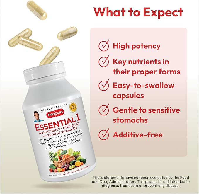 ANDREW LESSMAN Essential-1 Multivitamin 2000 IU Vitamin D3 30 Small Capsules - 100 mcg Methyl B12. CoQ10 Lutein Lycopene Zeaxanthin. High Potency. No Additives. Ultra-Mild. One Daily Capsule